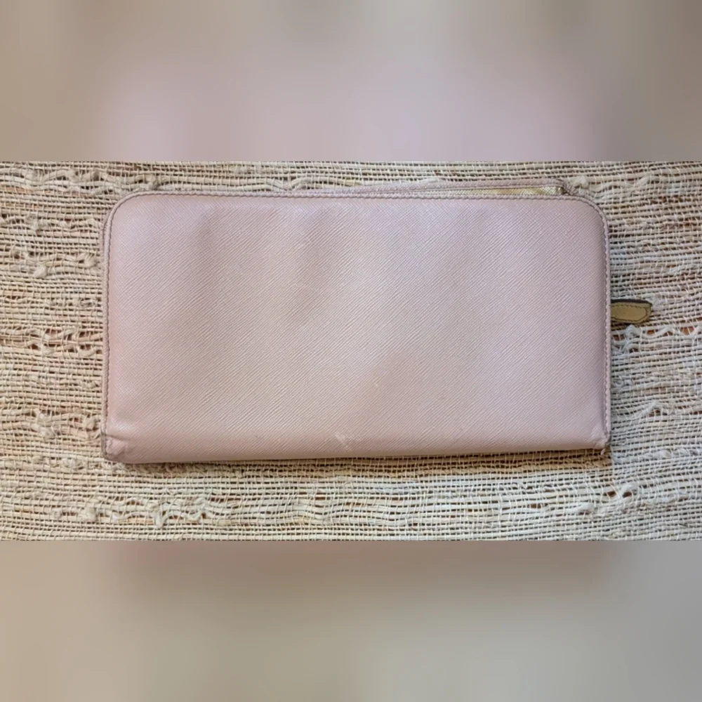 Prada • Saffiano Leather Bi-fold Zip Organizer Wallet in Taupe w/ Gold Interior